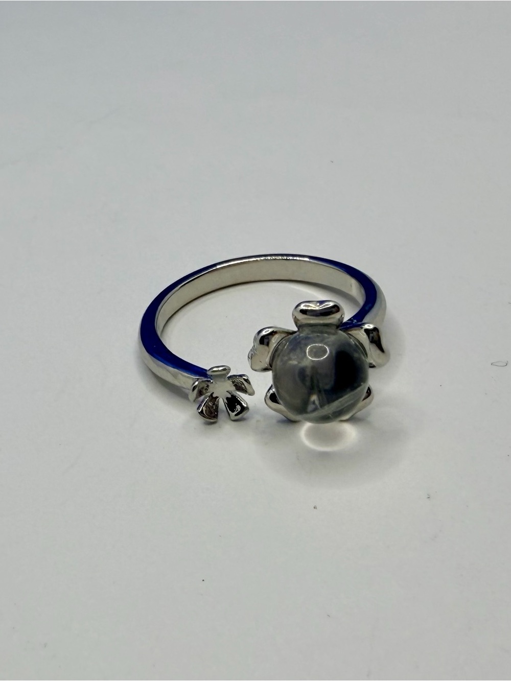 Silver Open Ring with Clear Glass Orb and Flower Accent - Silver